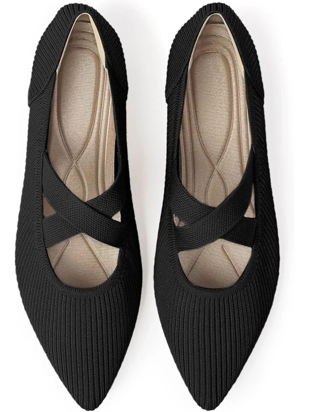 Women's Black Knit Mary Jane Flats Pointed Toe Comfortable Slip On Dressy Shoes